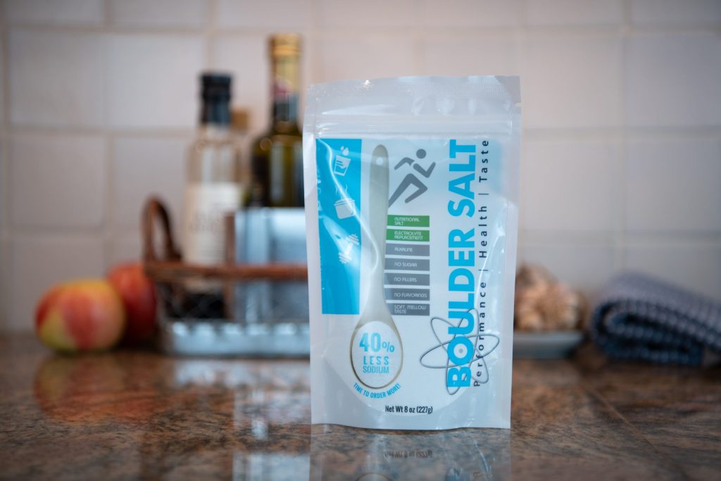 8 oz bag of Boulder Salt on a kitchen counter