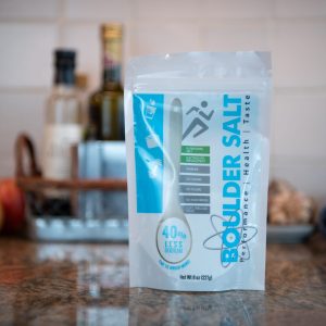 8 oz bag of Boulder Salt on a kitchen counter